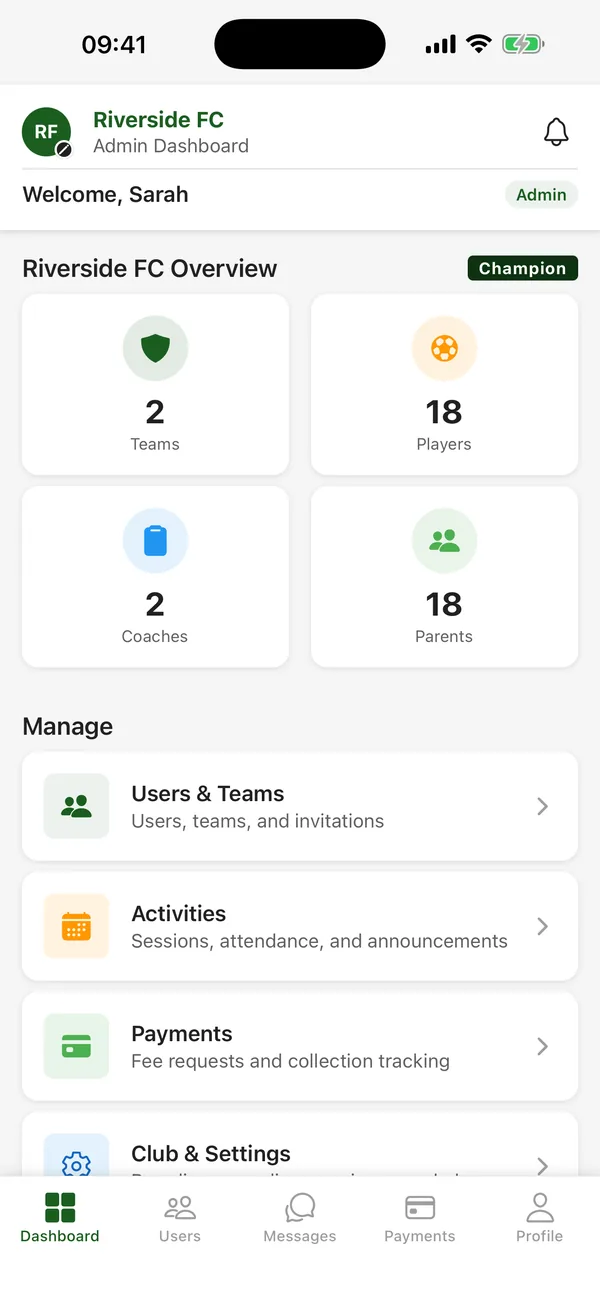 CTM admin dashboard for Riverside FC, showing teams, players, coaches and parents