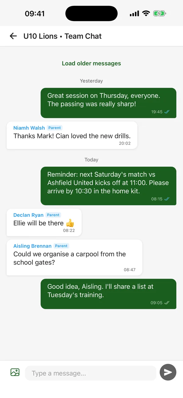 CTM team chat for the U10 Lions, with read receipts