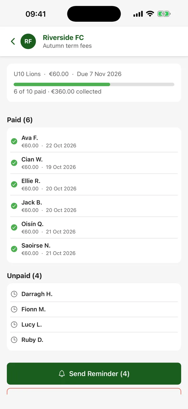 CTM payment request with 6 of 10 paid and a Send Reminder button