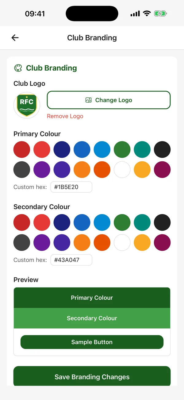 CTM club branding settings with the club crest, primary and secondary colours, and a live preview