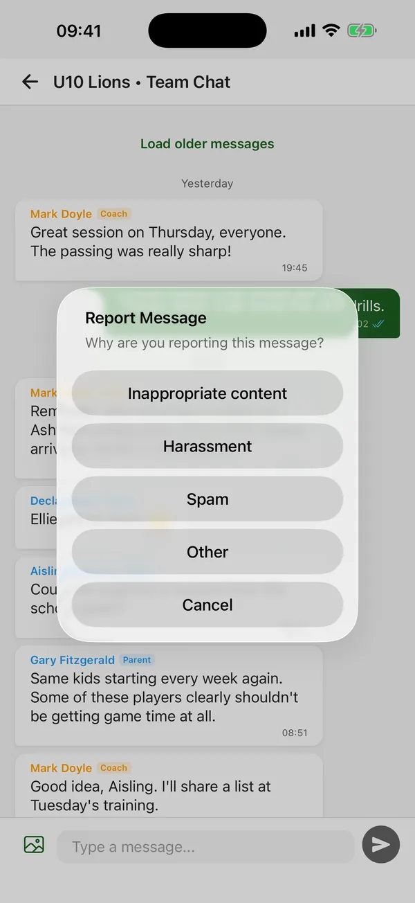 Reporting a message in a CTM team chat, with reasons to choose from